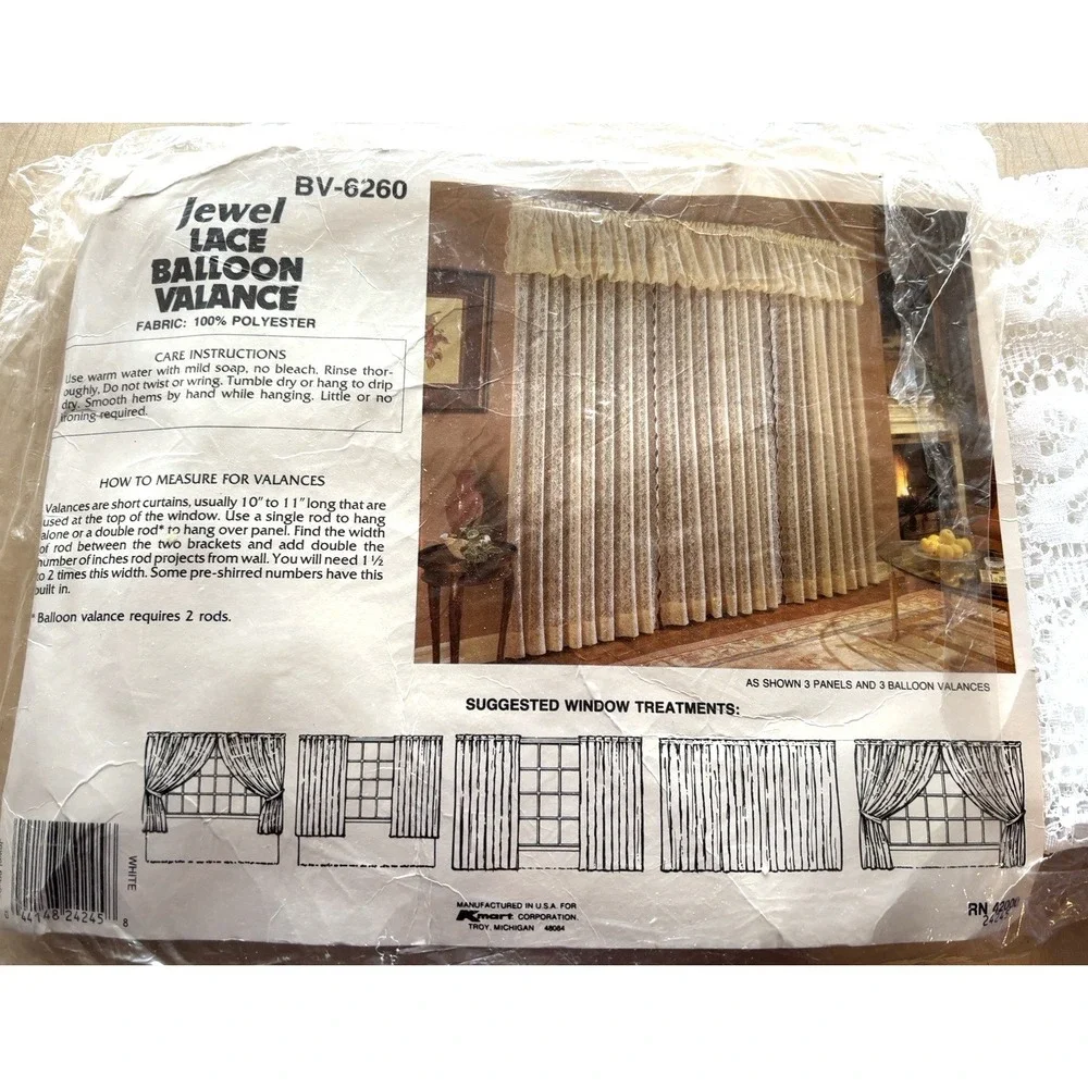 Vtg 1980s Lace Balloon Valance 60 x 24 Floral Sheer New Unused White Cottage